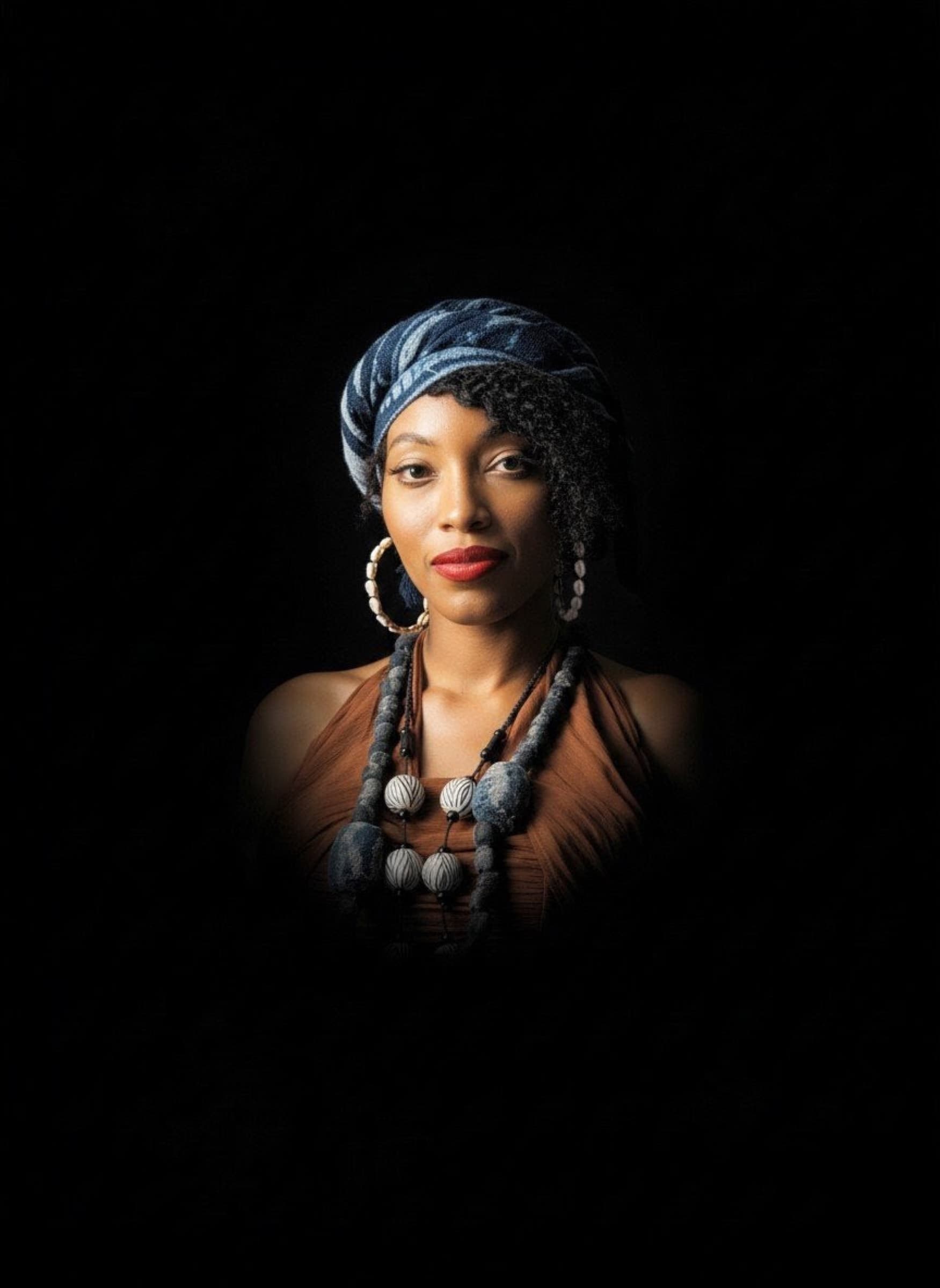 Studio portrait, indigo headwrap and amber dress